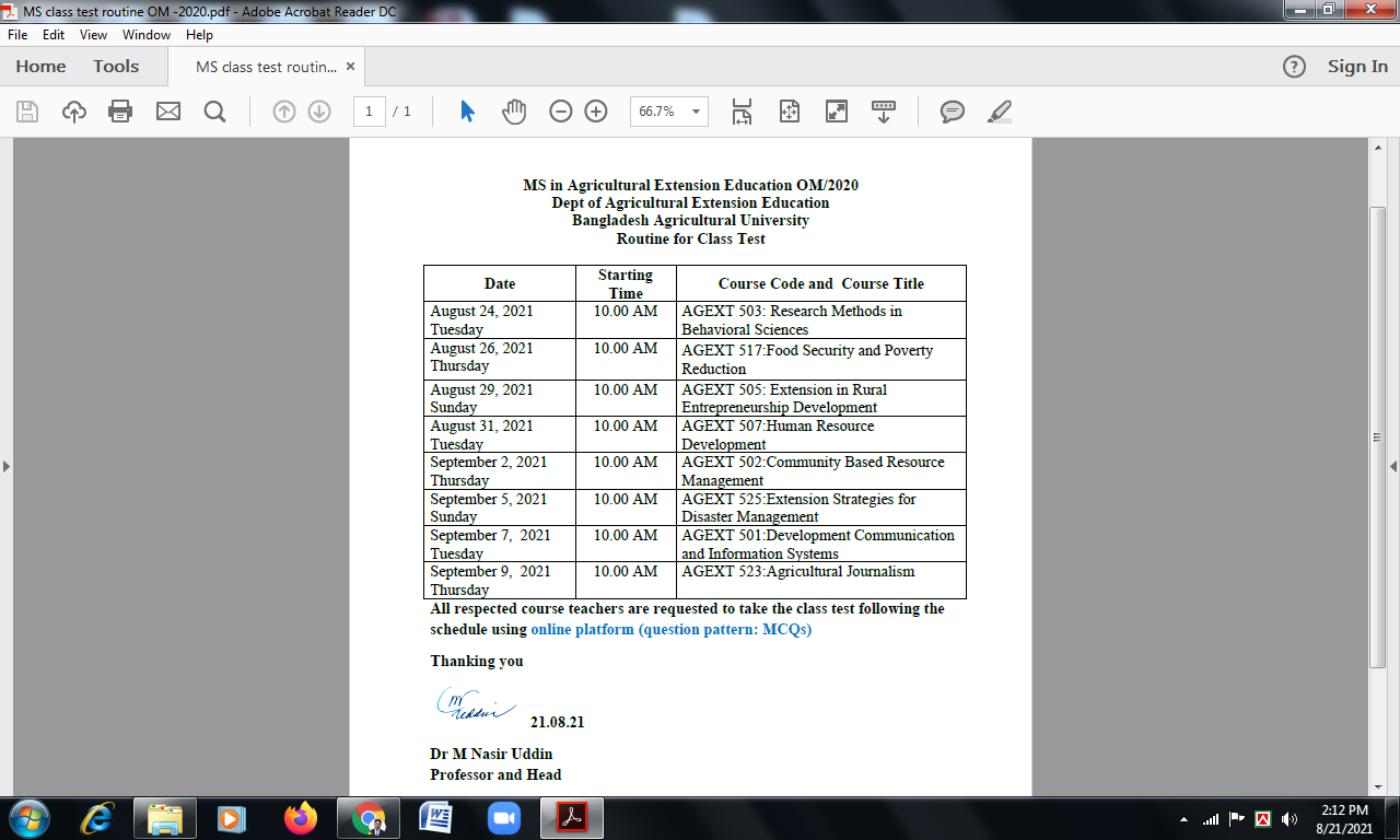 Routine for MS (OM/2020) classroom examination